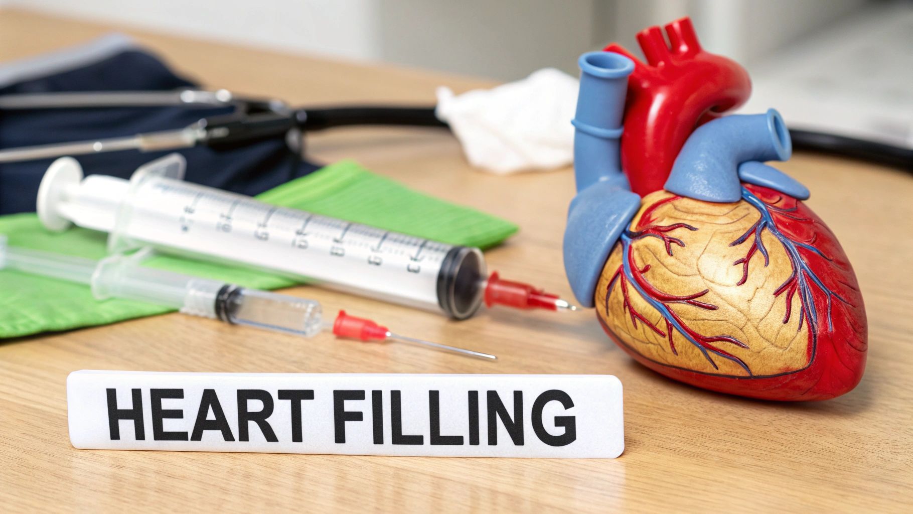 A human heart model, syringes, stethoscope, and 'HEART FILLING' sign on a wooden table, representing cardiac care.