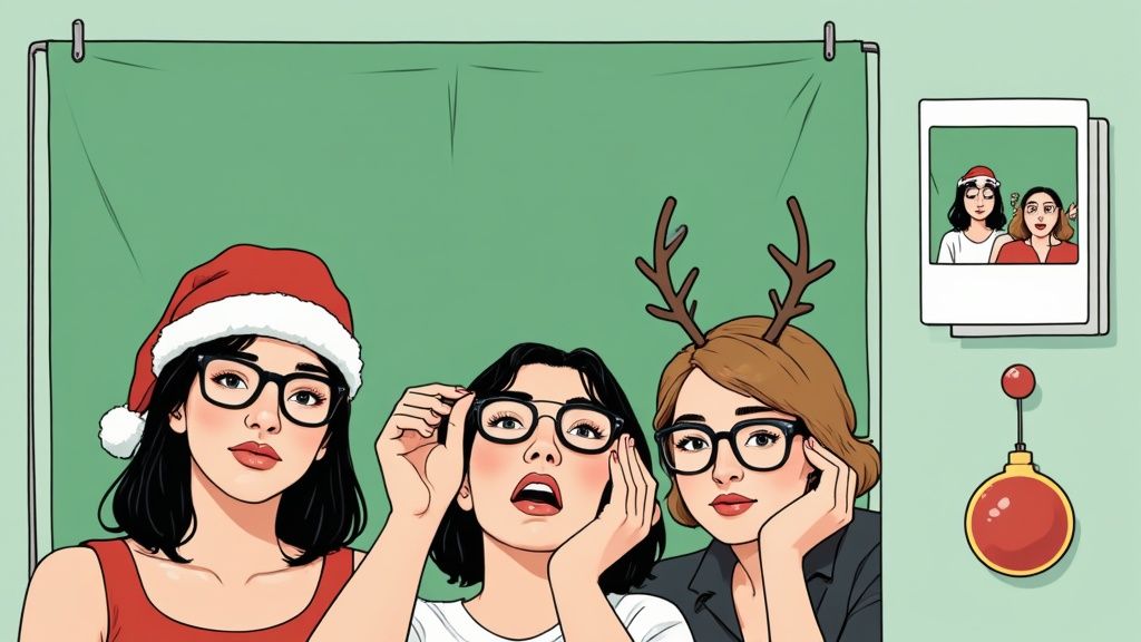 A team of coworkers posing with fun props in a holiday-themed photo booth at an office party