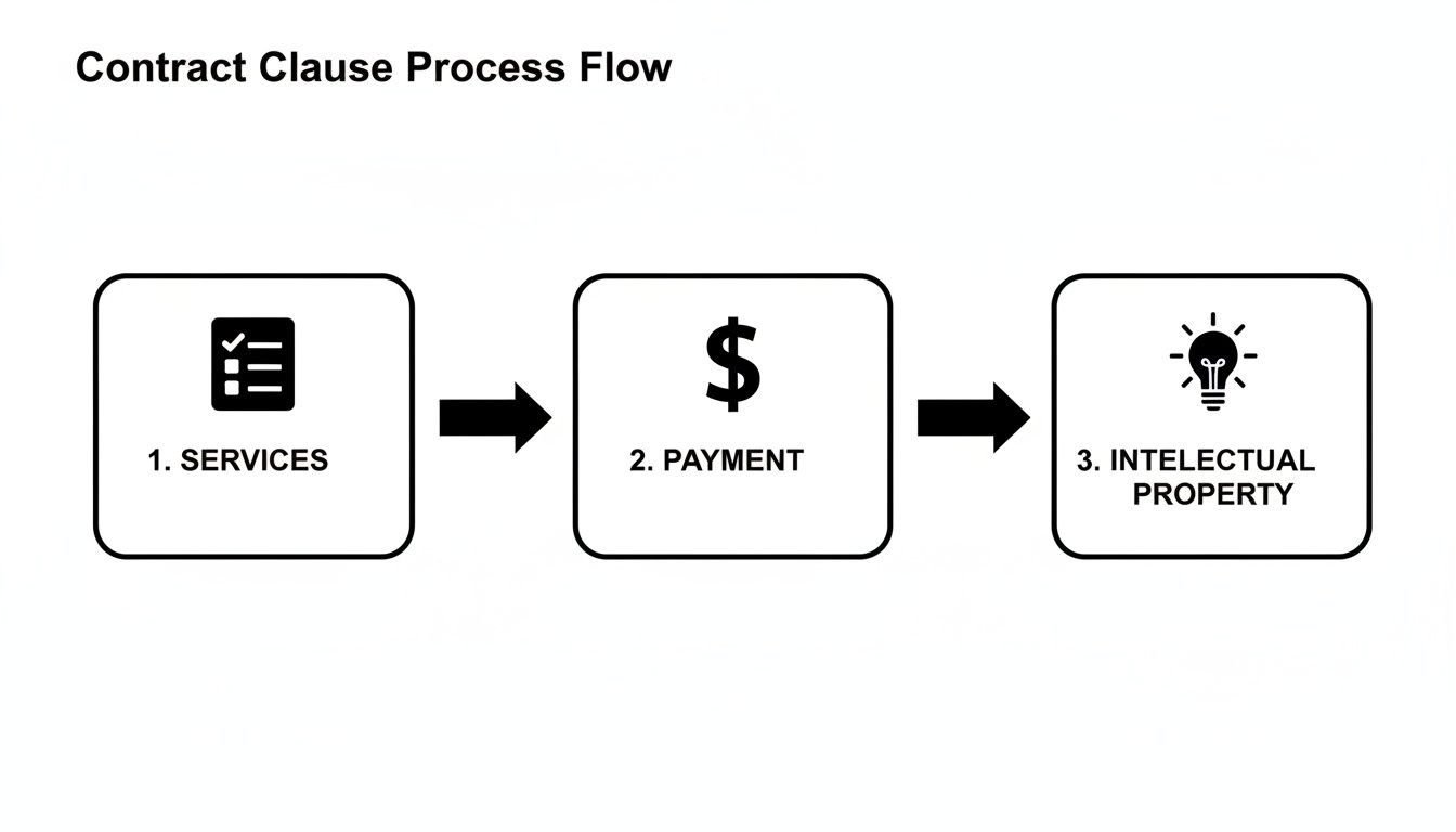 Diagram illustrating the contract clause process flow: services with a checklist, payment with a dollar sign, and intellectual property with a lightbulb.