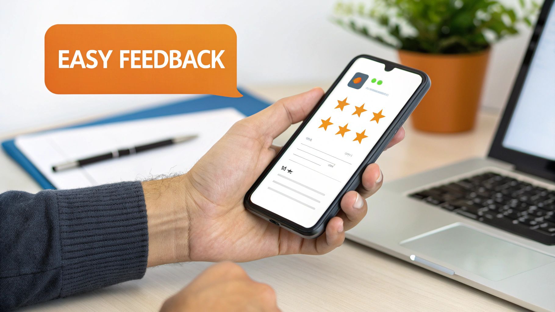 A person filling out a customer feedback form on a tablet.