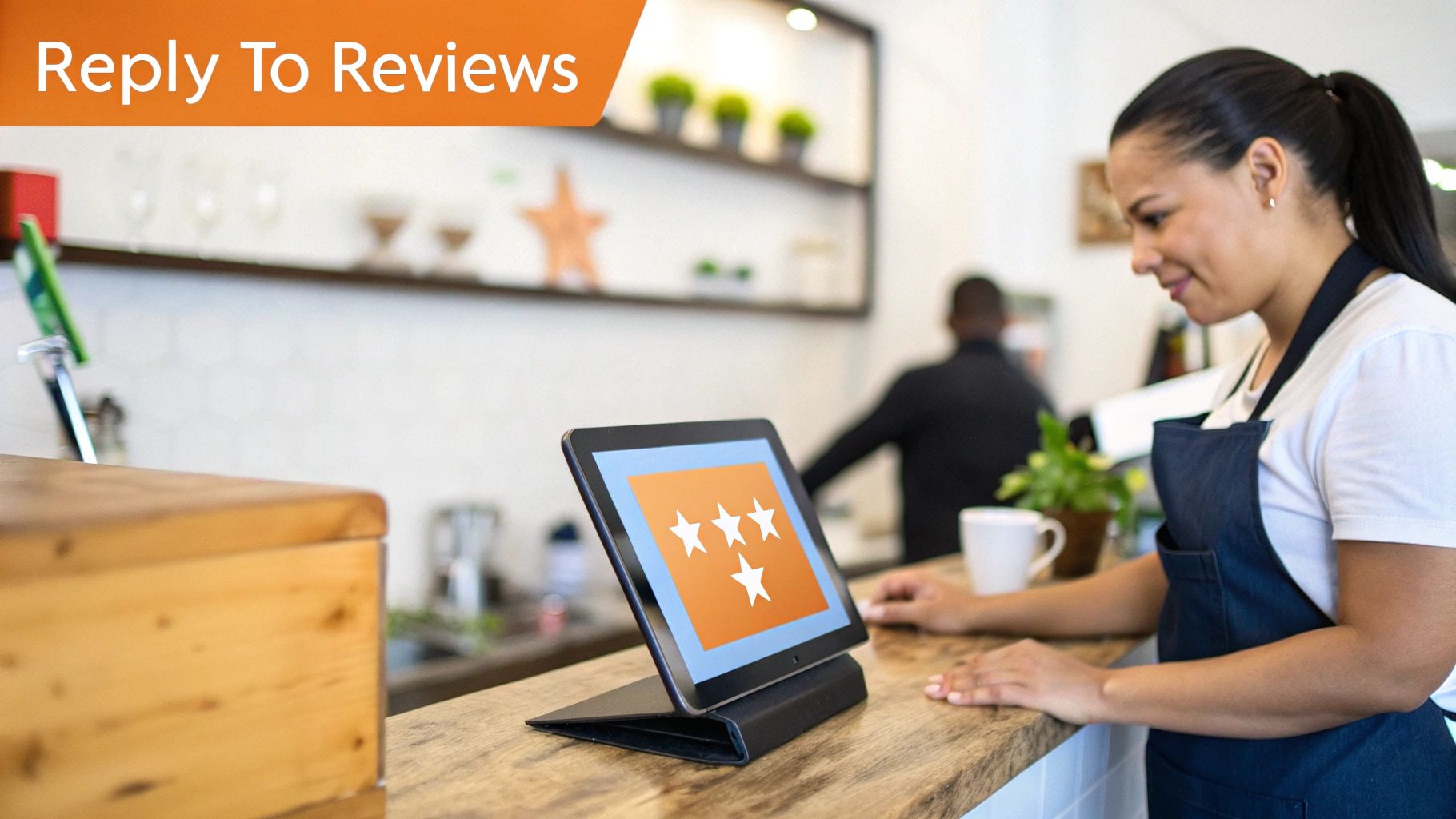 A smiling barista in an apron checks a tablet displaying a 3-star customer review in a cafe.