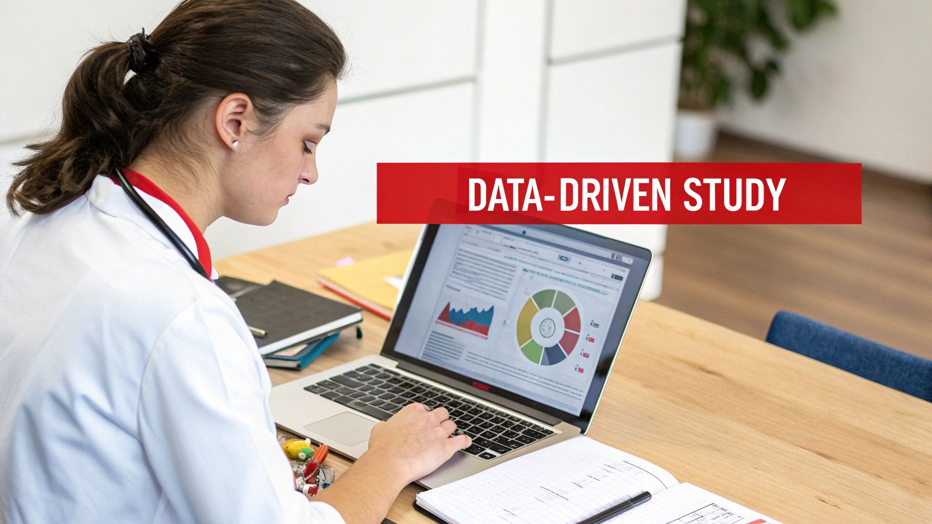 A young woman in a white coat analyzing data on a laptop, displaying charts and graphs.