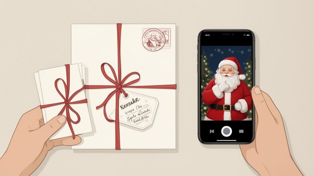 Hands holding Christmas letters tied with red ribbon and a phone displaying a video call with Santa Claus.