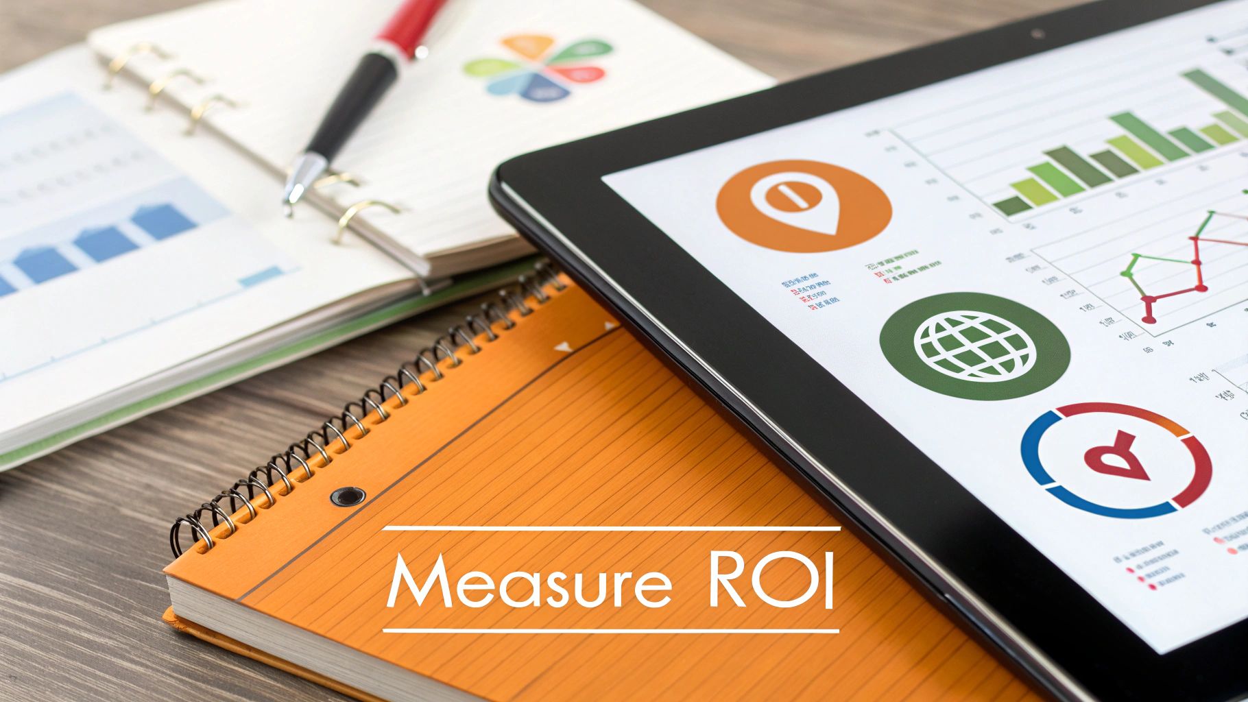 Desk setup with a tablet showing data analytics charts, notebooks, and a pen, emphasizing 'Measure ROI'.