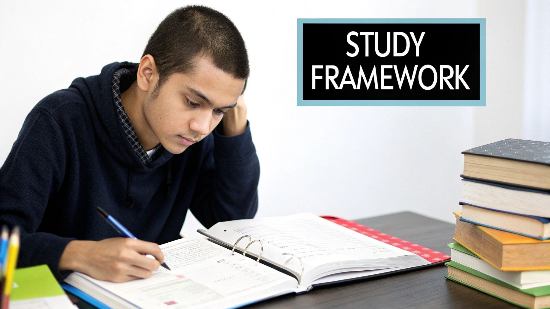 A student sitting at a desk studying for an exam, with books and notes organized around them.