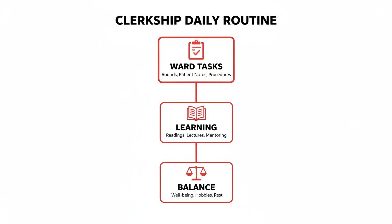 A flowchart showing a daily routine for medical clerkship, covering ward tasks, learning, and personal balance.