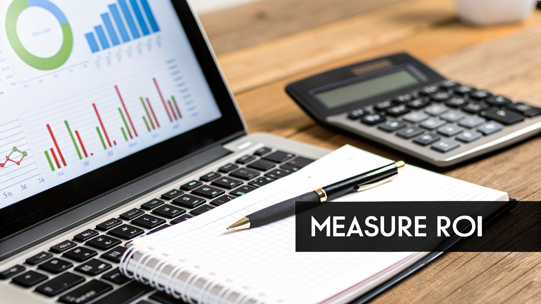Laptop displaying business charts, calculator, notebook, and pen on a desk with 'MEASURE ROI' text.