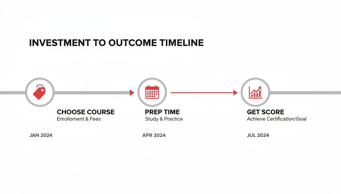 Timeline mapping investment to outcome: choose course, prep time, and get score from January to July 2024.