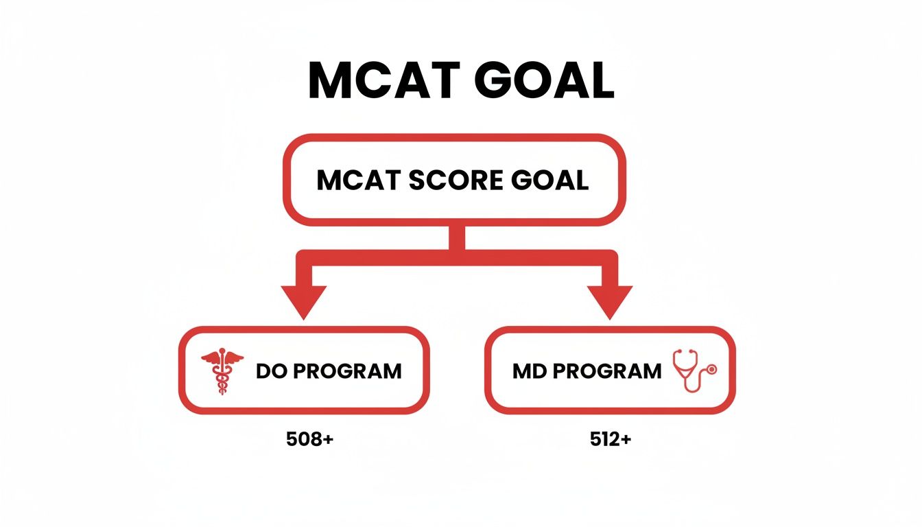 A flowchart outlining MCAT score goals for aspiring DO and MD program applicants, showing target scores.