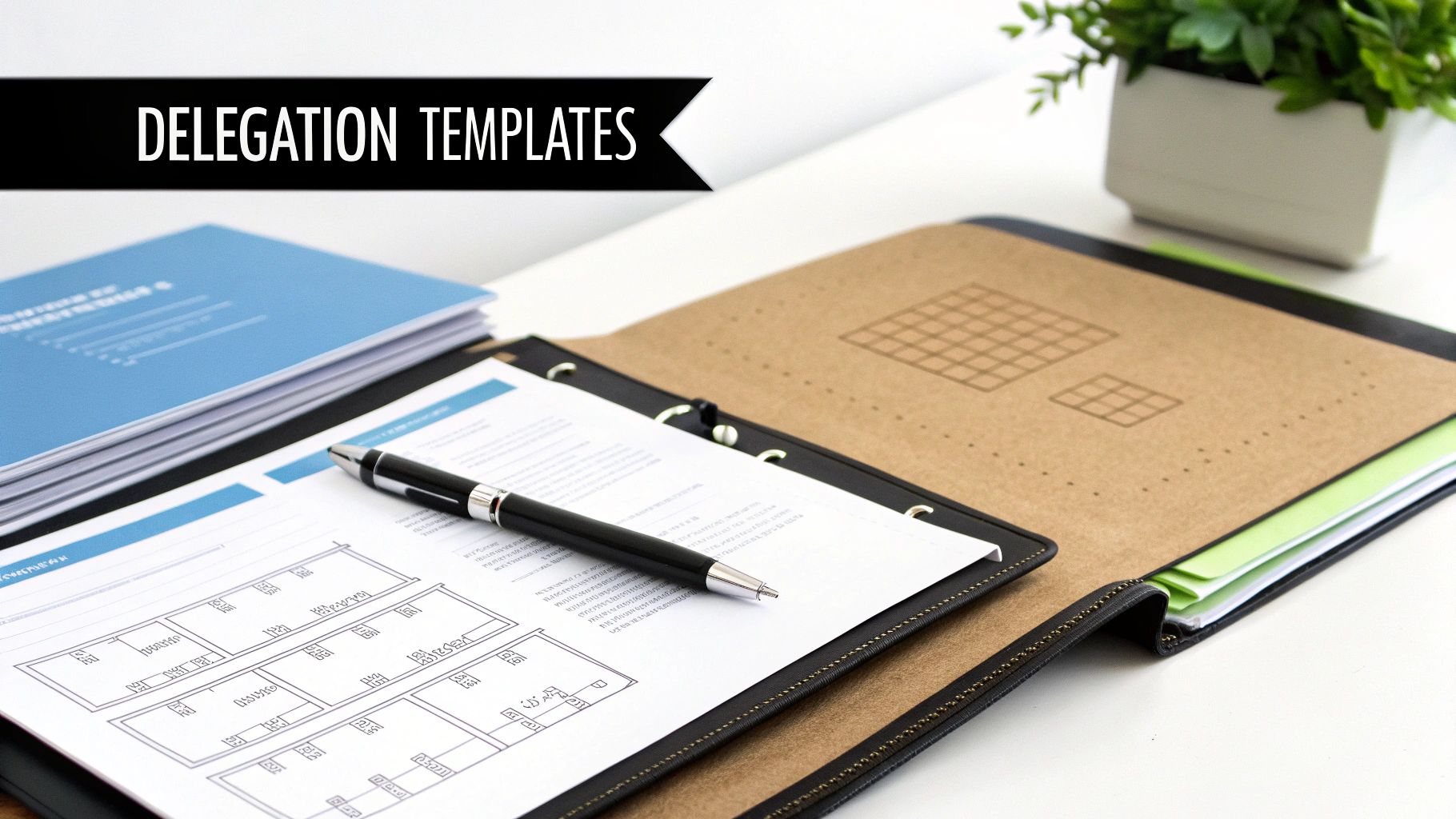 A desk with an open binder, pen, blue folders, and a banner displaying 'DELEGATION TEMPLATES'.