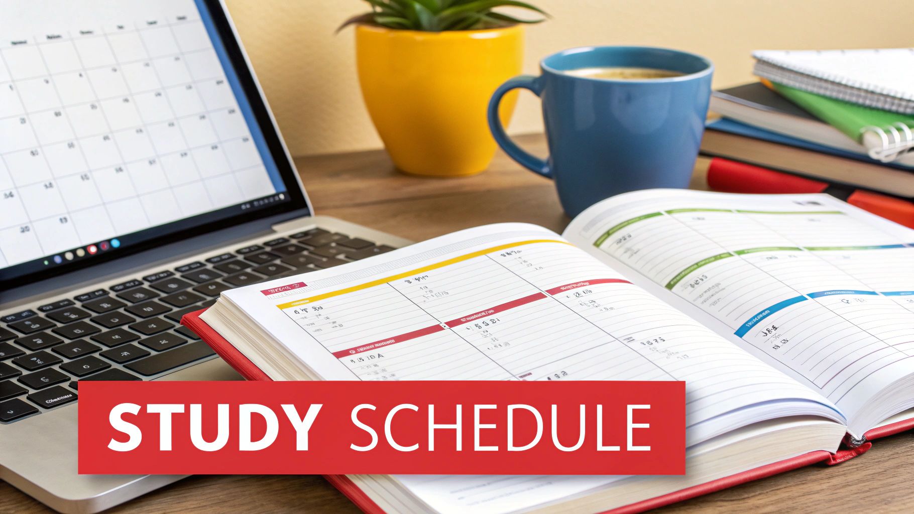 A desk with a laptop displaying a calendar, an open study planner, coffee, and books, with a 'STUDY SCHEDULE' banner.