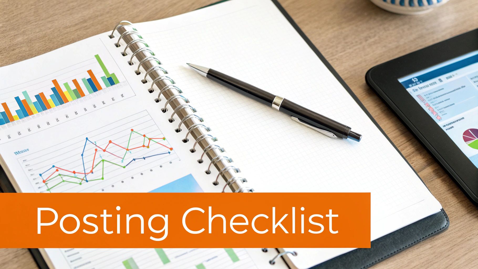 Open notebook with business charts, a pen, and a tablet, featuring an orange 'Posting Checklist' banner.