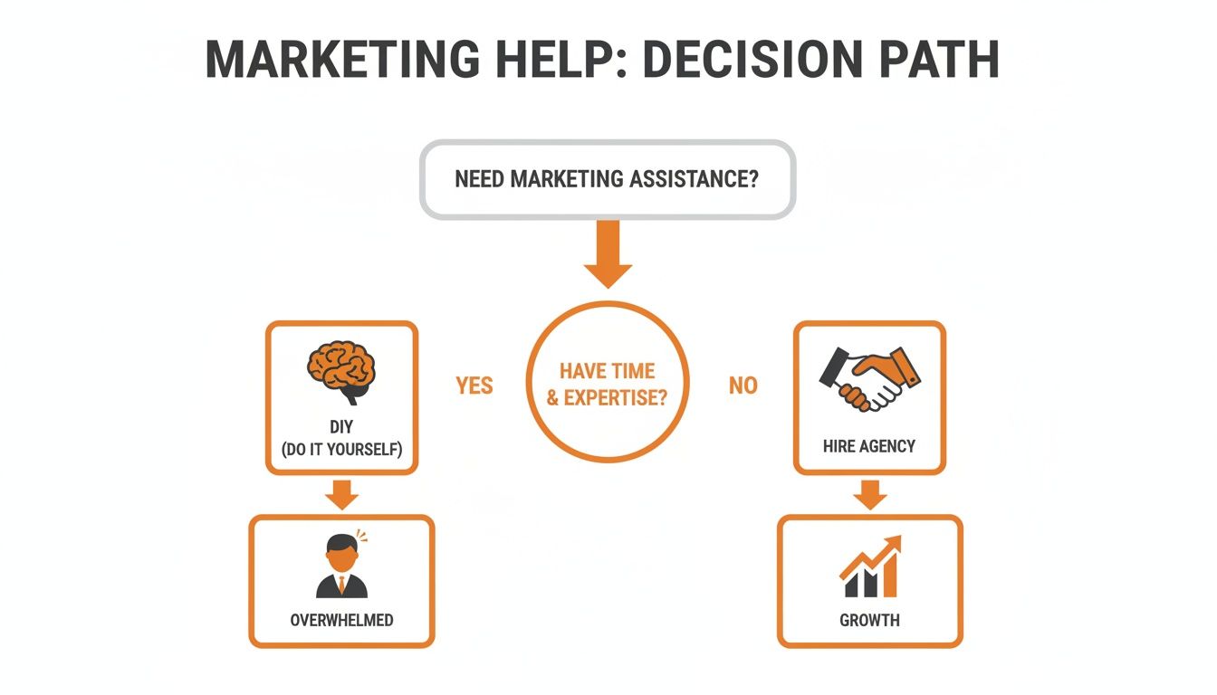 Flowchart showing marketing help decision path: DIY leads to overwhelmed, hiring an agency leads to growth.