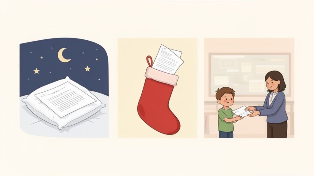Three illustrations depict a letter on a pillow at night, inside a Christmas stocking, and a child exchanging a letter.