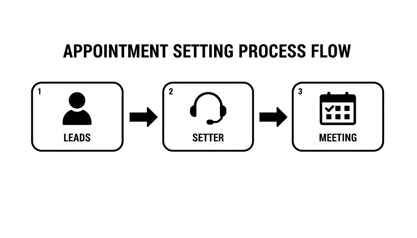 A flowchart illustrating the appointment setting process with steps from leads to setter to meeting.
