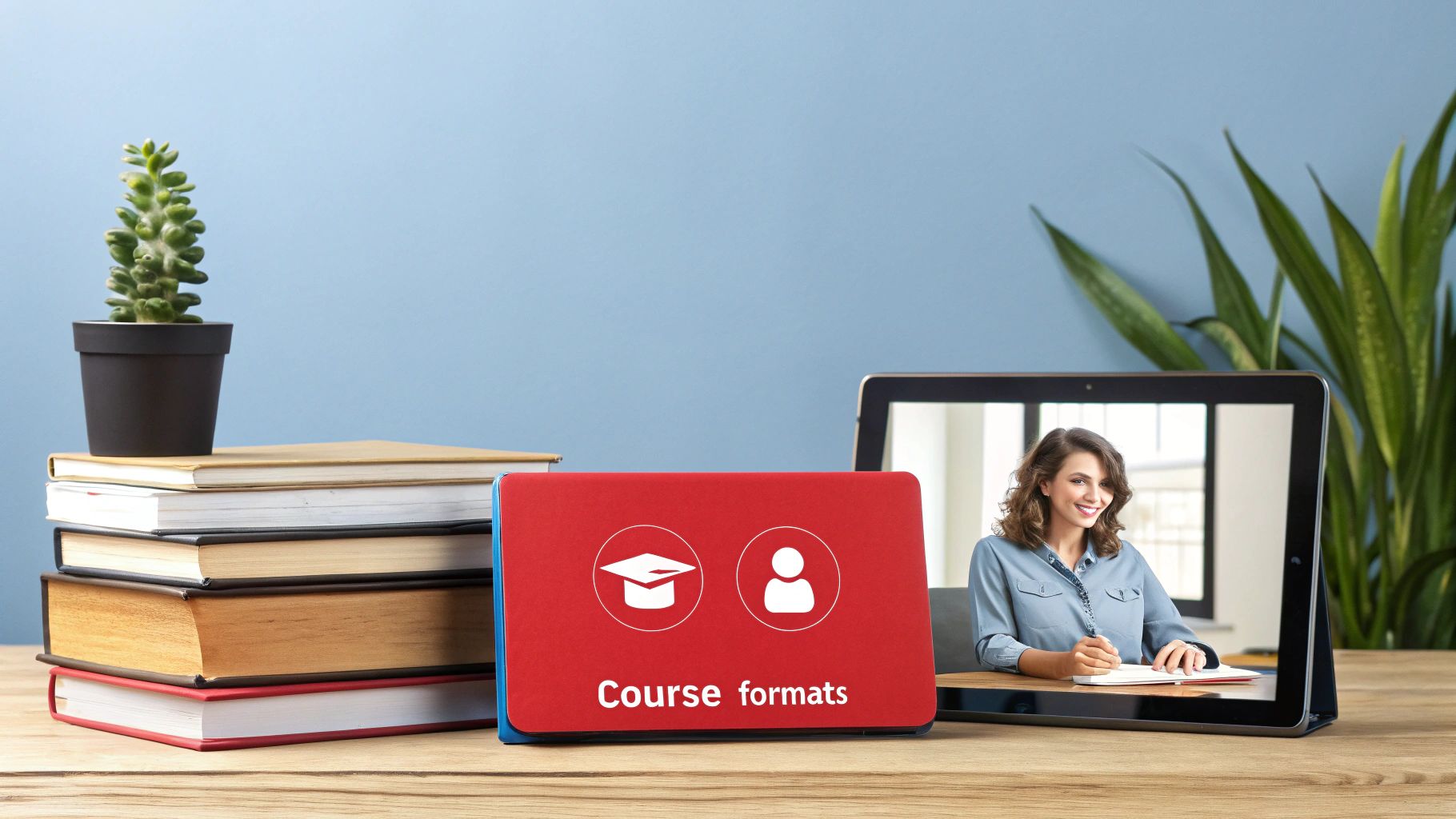 Online learning setup with books, a 'Course formats' sign, and a tablet showing a student.