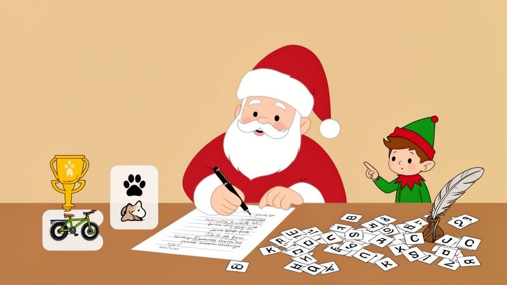 Santa Claus writing a letter at a desk with an elf, surrounded by presents and letter tiles.