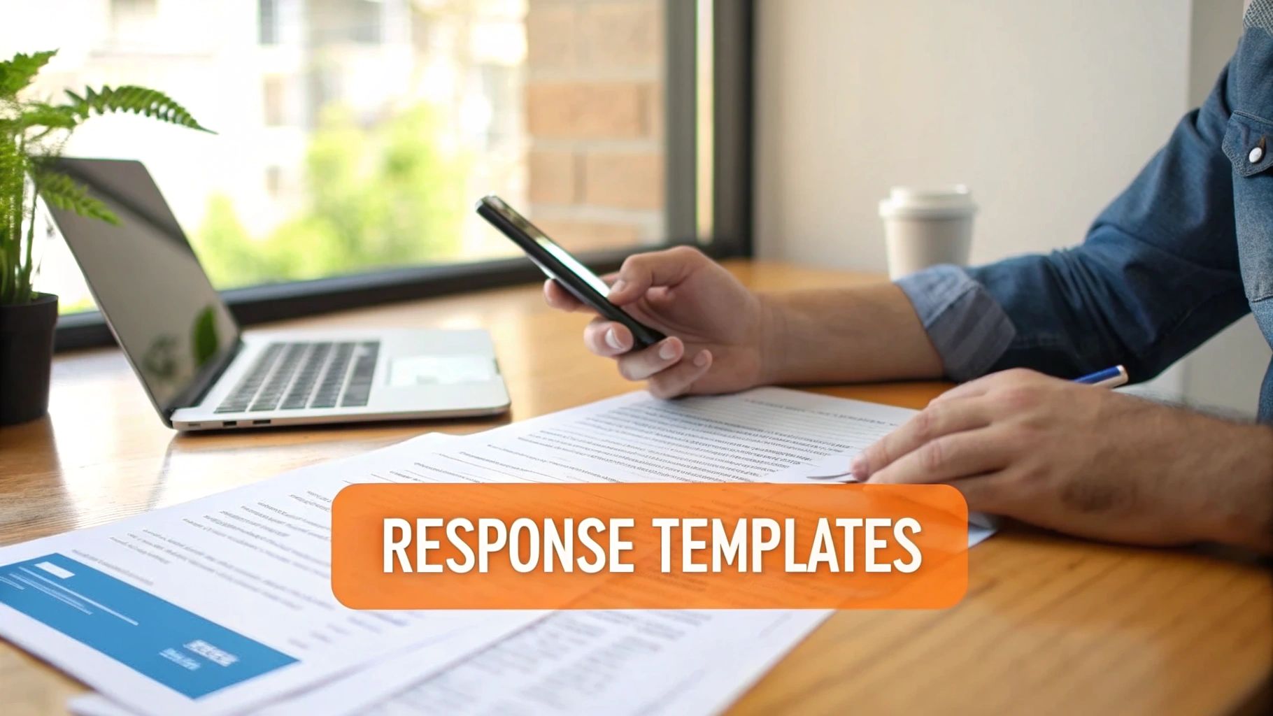 A person uses a smartphone and works on documents at a desk, surrounded by a laptop and a plant.