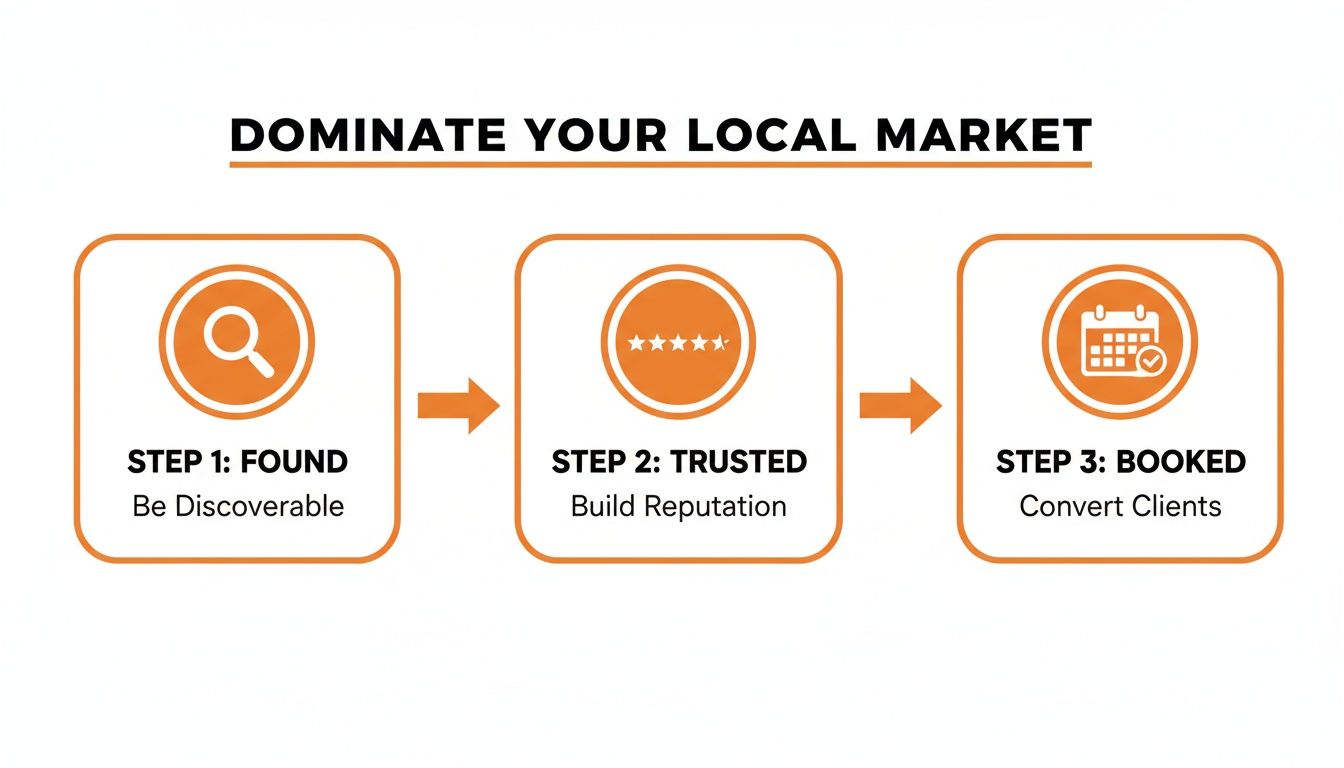 Infographic details three steps to dominate local market: Be Found, Build Trust, Get Booked.