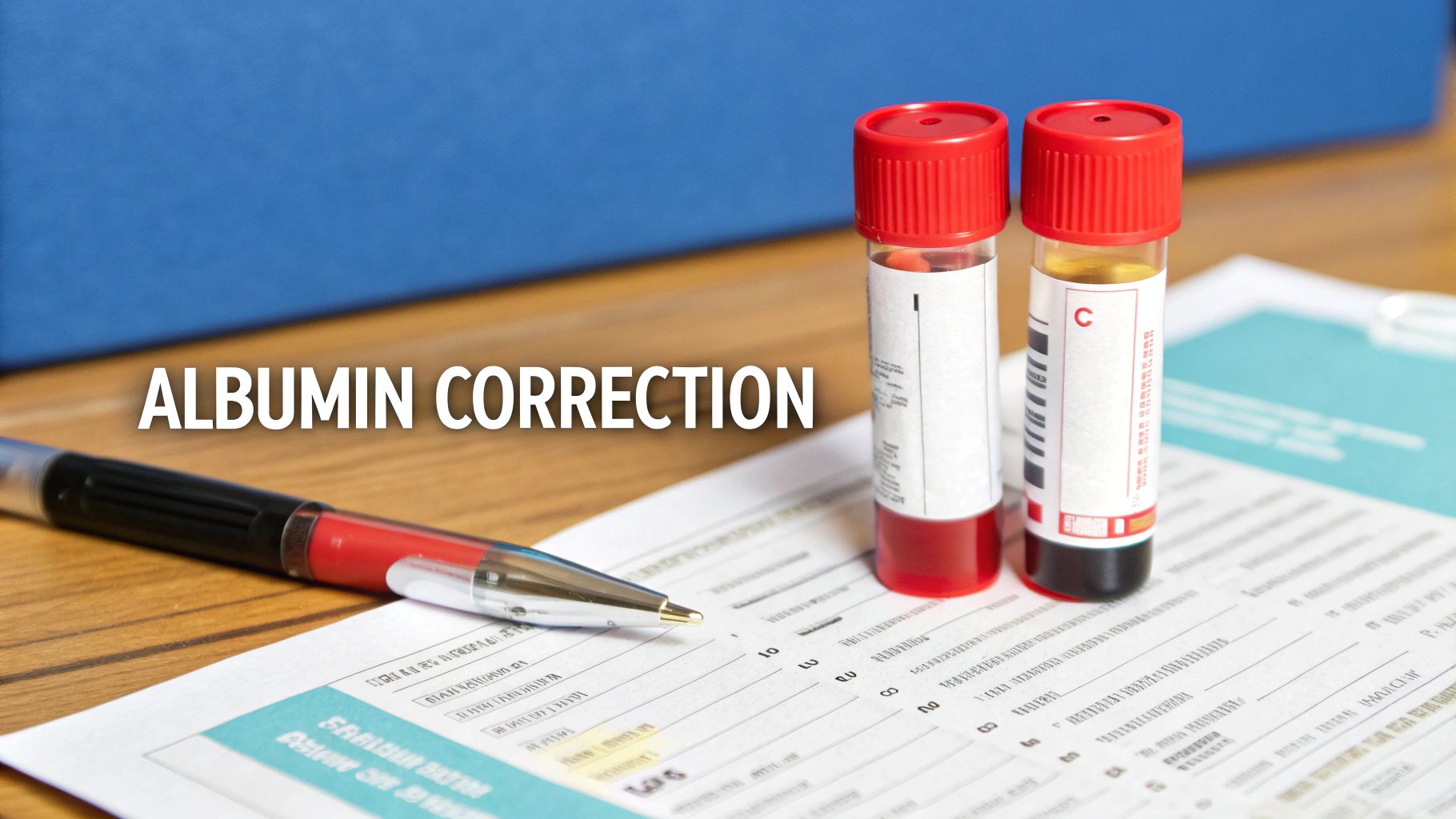Two blood test tubes, a pen, and a medical form on a desk, with text 'ALBUMIN CORRECTION'.