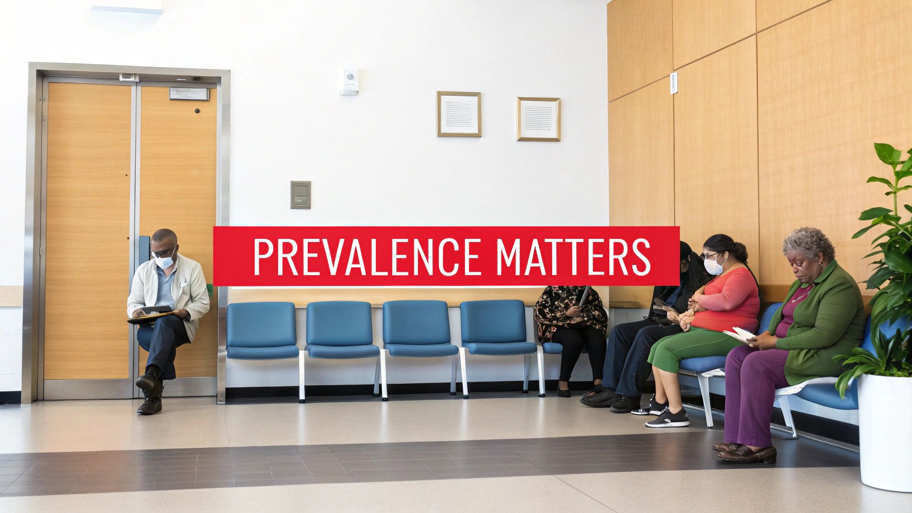 Diverse people, some wearing masks, sit in a clinic waiting room with 'PREVALENCE MATTERS' banner.