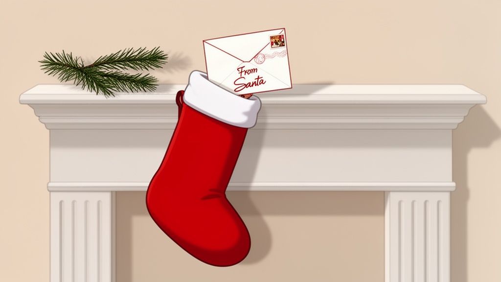 A red Christmas stocking hangs on a white fireplace mantel with a letter from Santa inside. A pine branch rests on the mantel.