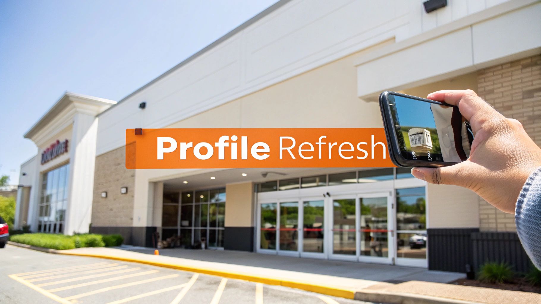 A person uses a smartphone displaying augmented reality with 'Profile Refresh' over a large store.