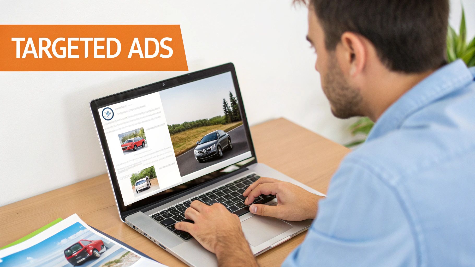 Man viewing targeted car advertisements on a laptop screen, highlighting digital marketing.