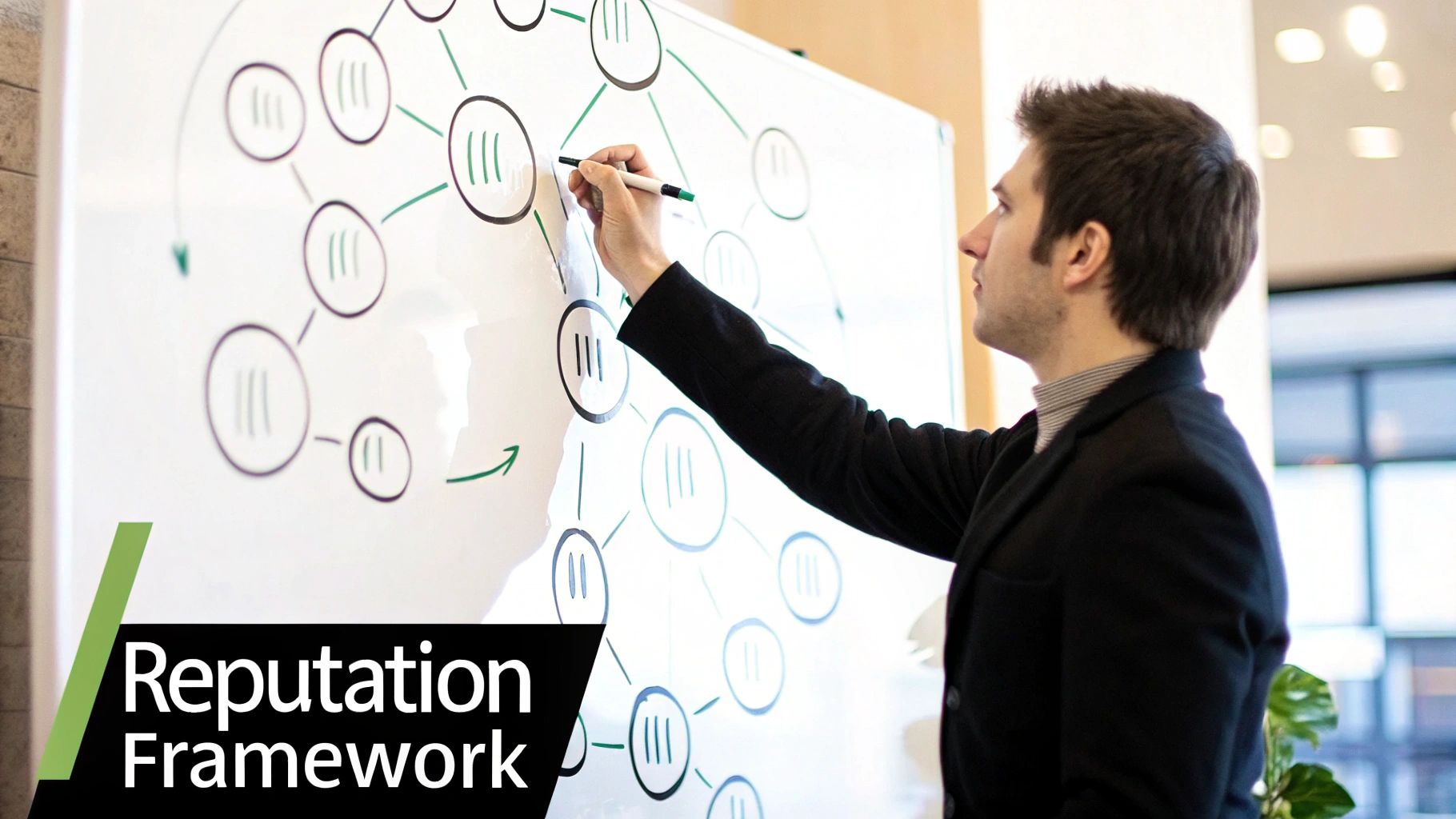 A person at a desk drawing out a structured plan on a large piece of paper, representing a framework.