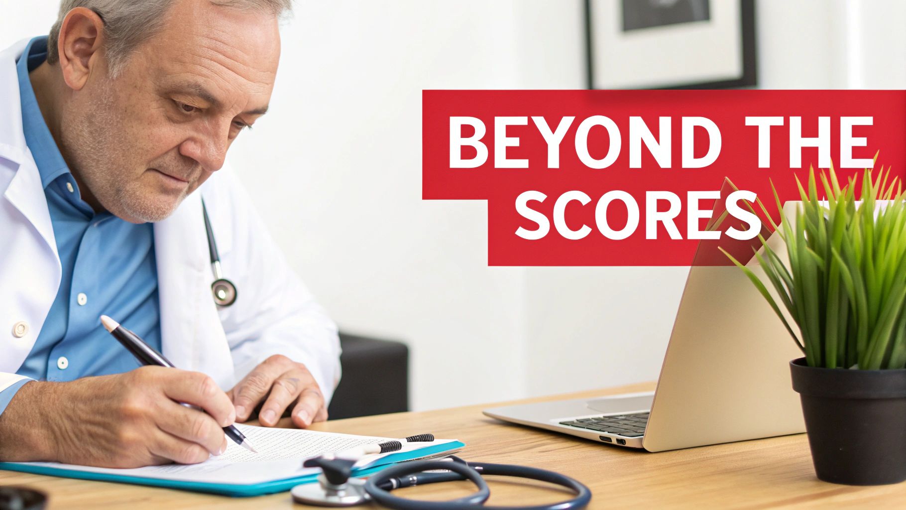 A male doctor in a white coat writes on a clipboard at a desk, with a laptop and a plant.