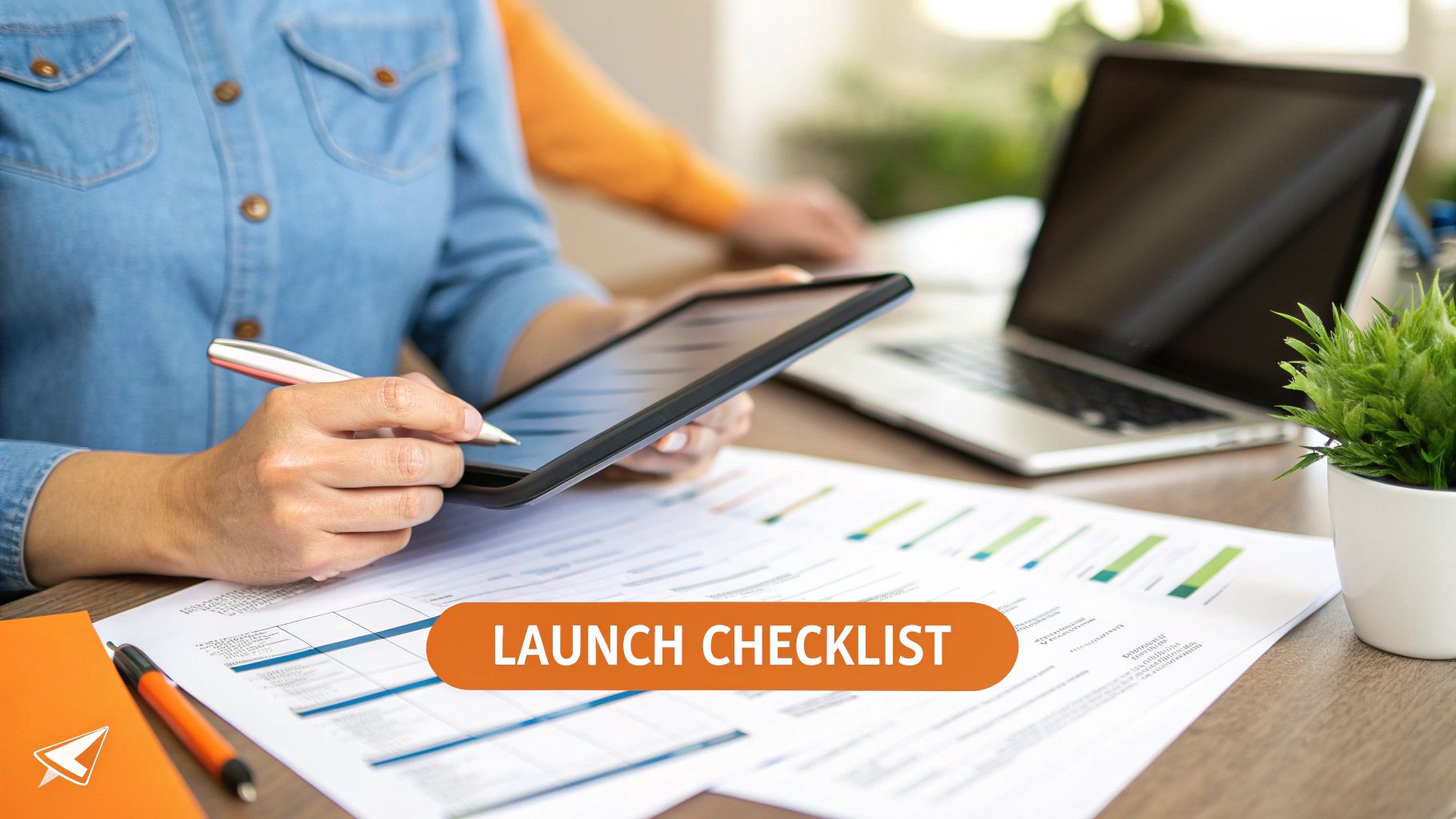 A person using a stylus on a tablet, with 'Launch Checklist' text, papers, and a laptop on a desk.