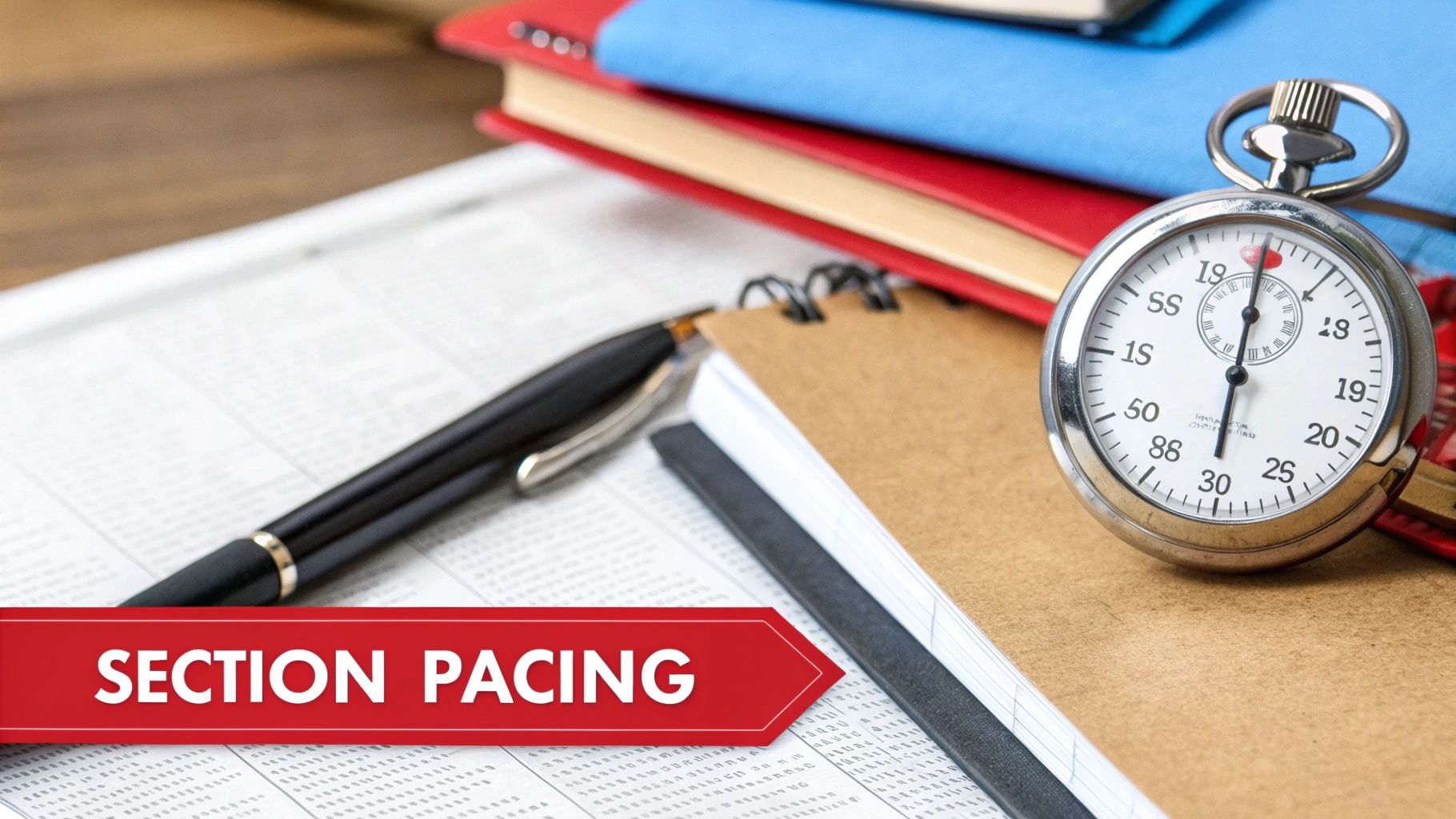 A stopwatch, pen, notebooks, and papers on a desk, with a banner reading 'SECTION PACING'.