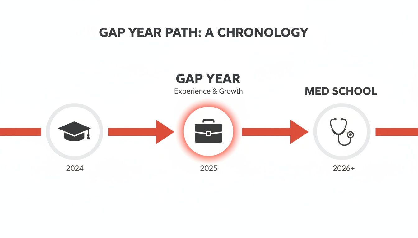 Chronological timeline of a gap year path: graduation (2024), experience (2025), and medical school (2026+).