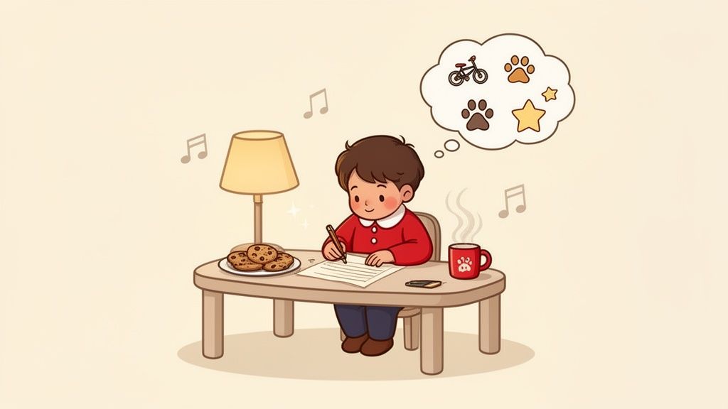 A cartoon boy writes at a desk with cookies and a lamp, dreaming of bikes, paw prints, and stars.