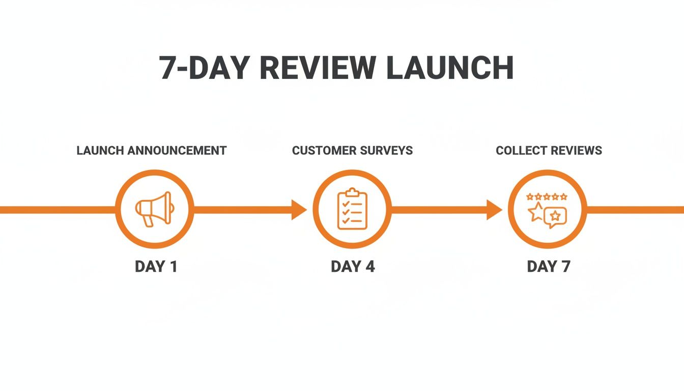 A 7-day review launch process illustrating steps: launch announcement, customer surveys, and review collection.