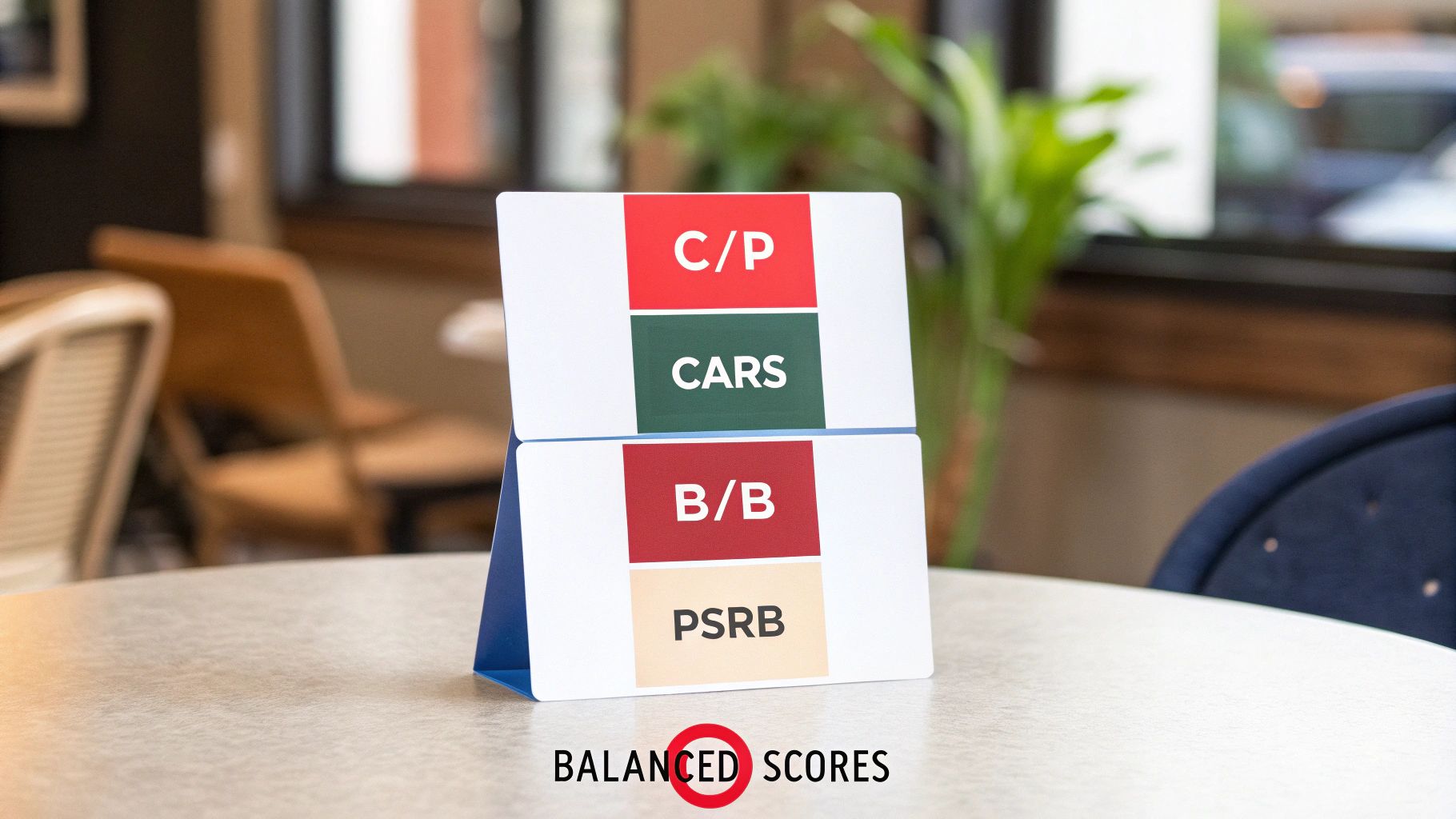 A tabletop stand displaying MCAT section scores: C/P, CARS, B/B, PSRB, with text 'BALANCED SCORES'.