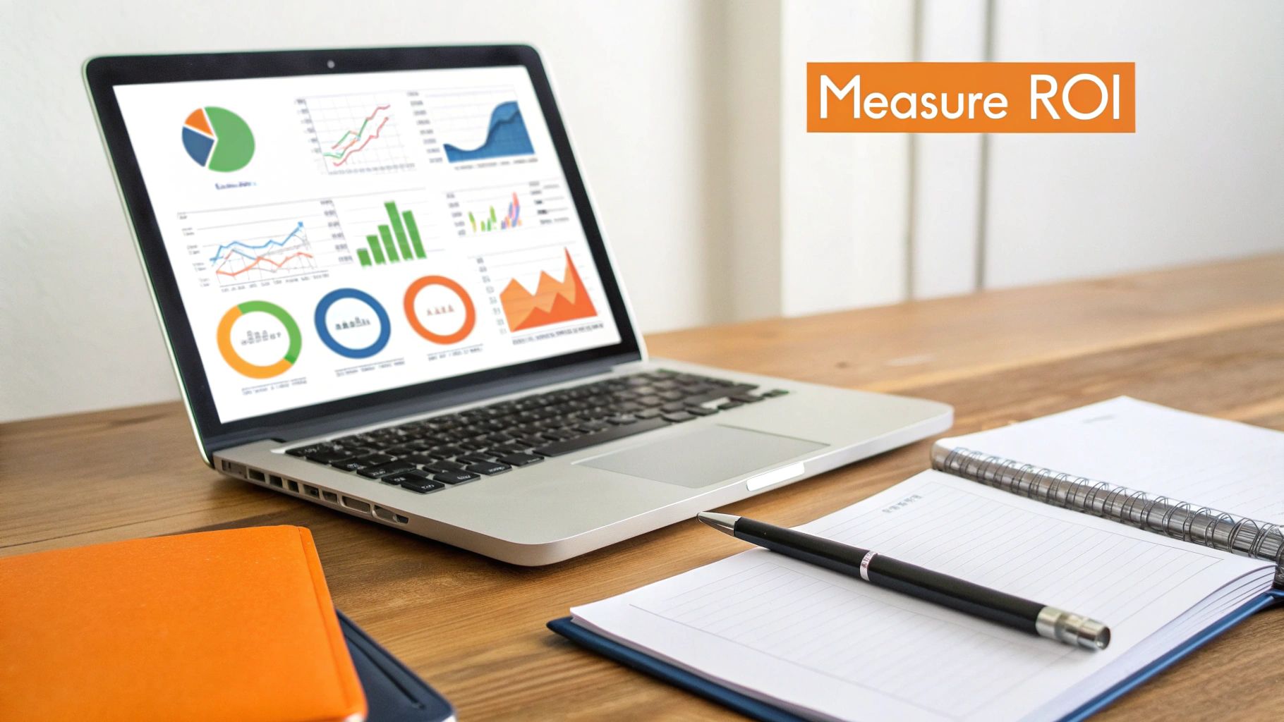 Laptop displaying data analytics dashboards with charts, next to notebooks and a pen, emphasizing 'Measure ROI'.