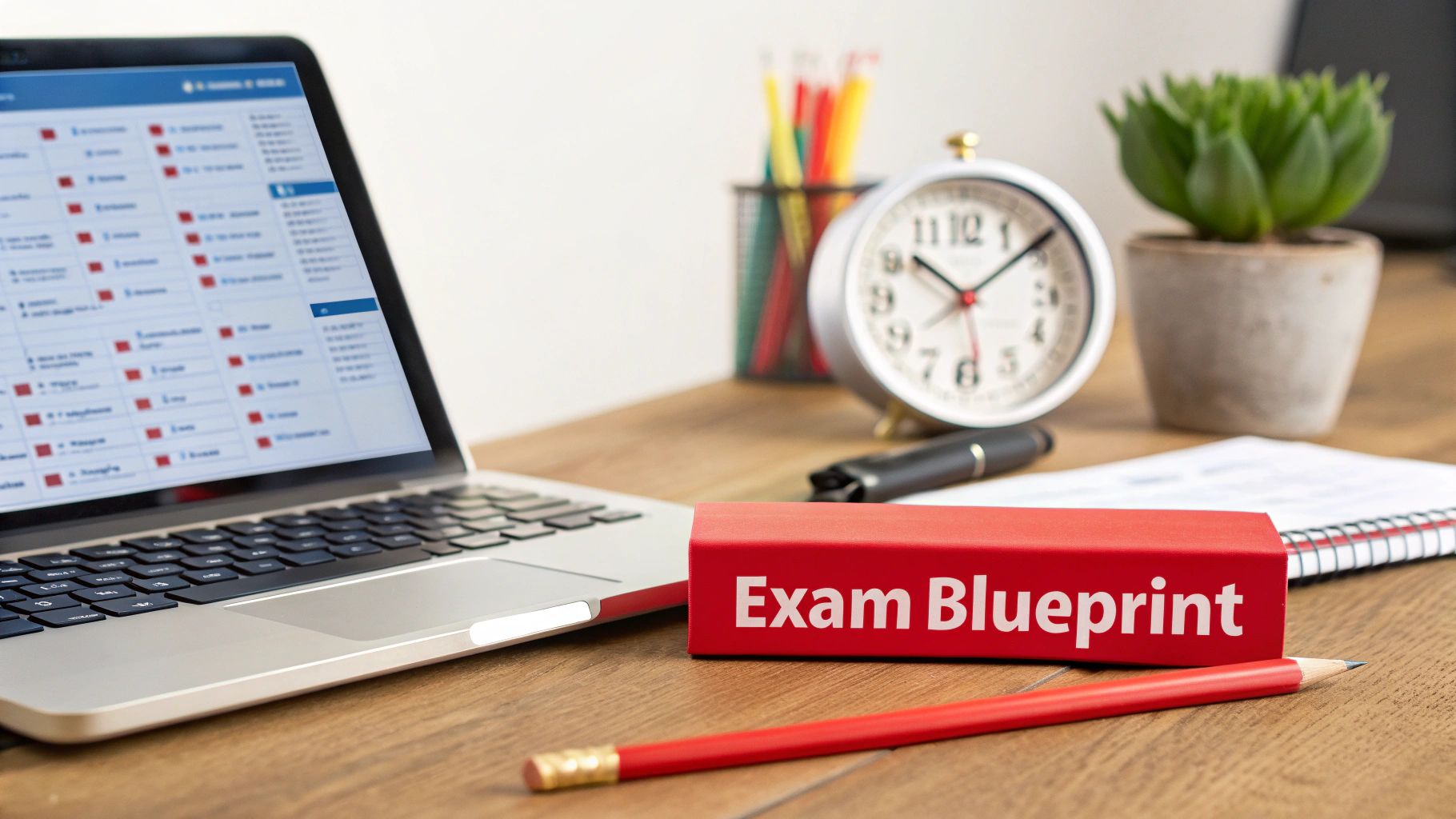 A desk setup showing a laptop, a red 'Exam Blueprint' box, a pencil, and an alarm clock.
