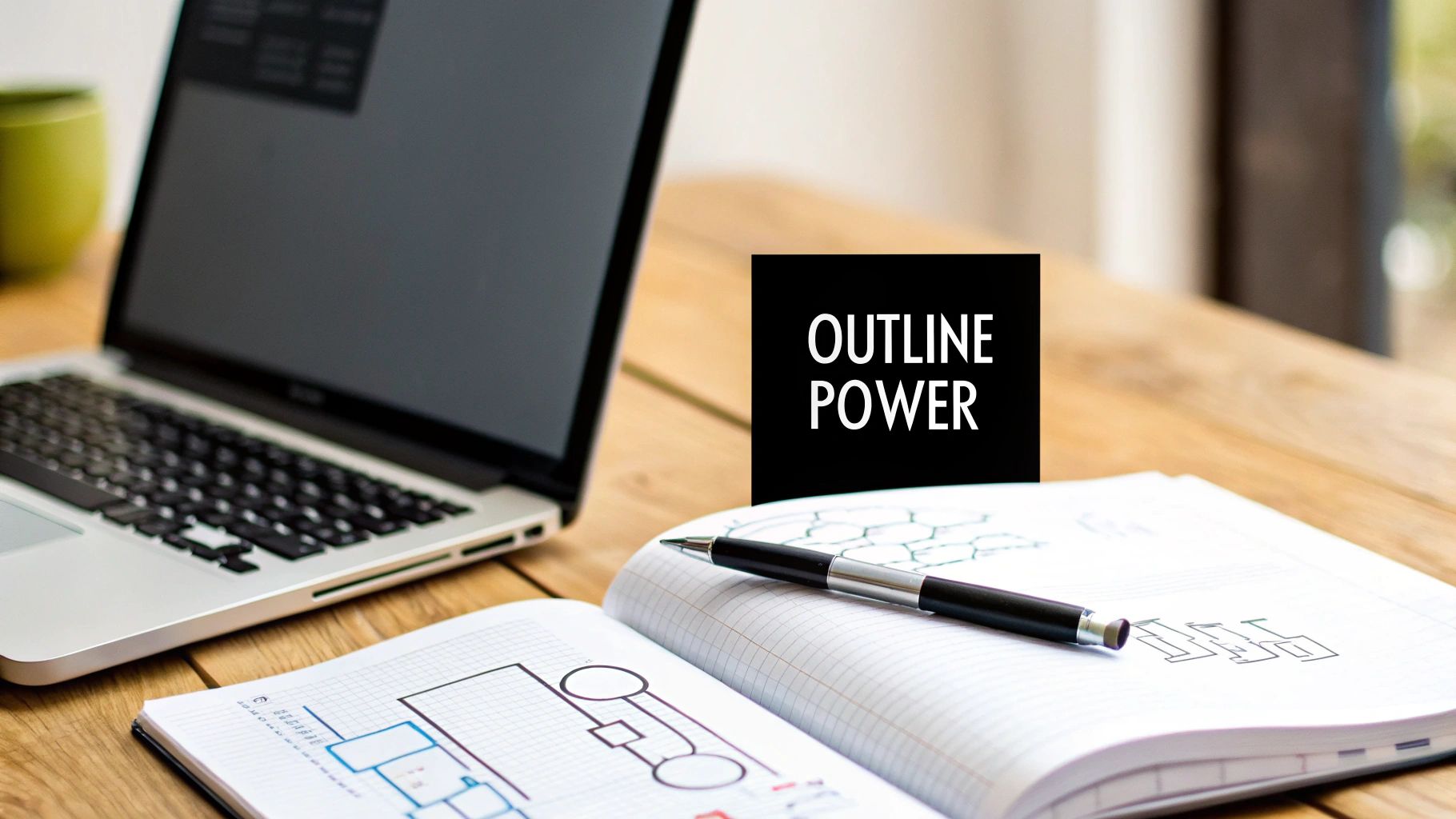 A person meticulously planning and outlining their work at a desk with notes and a laptop.