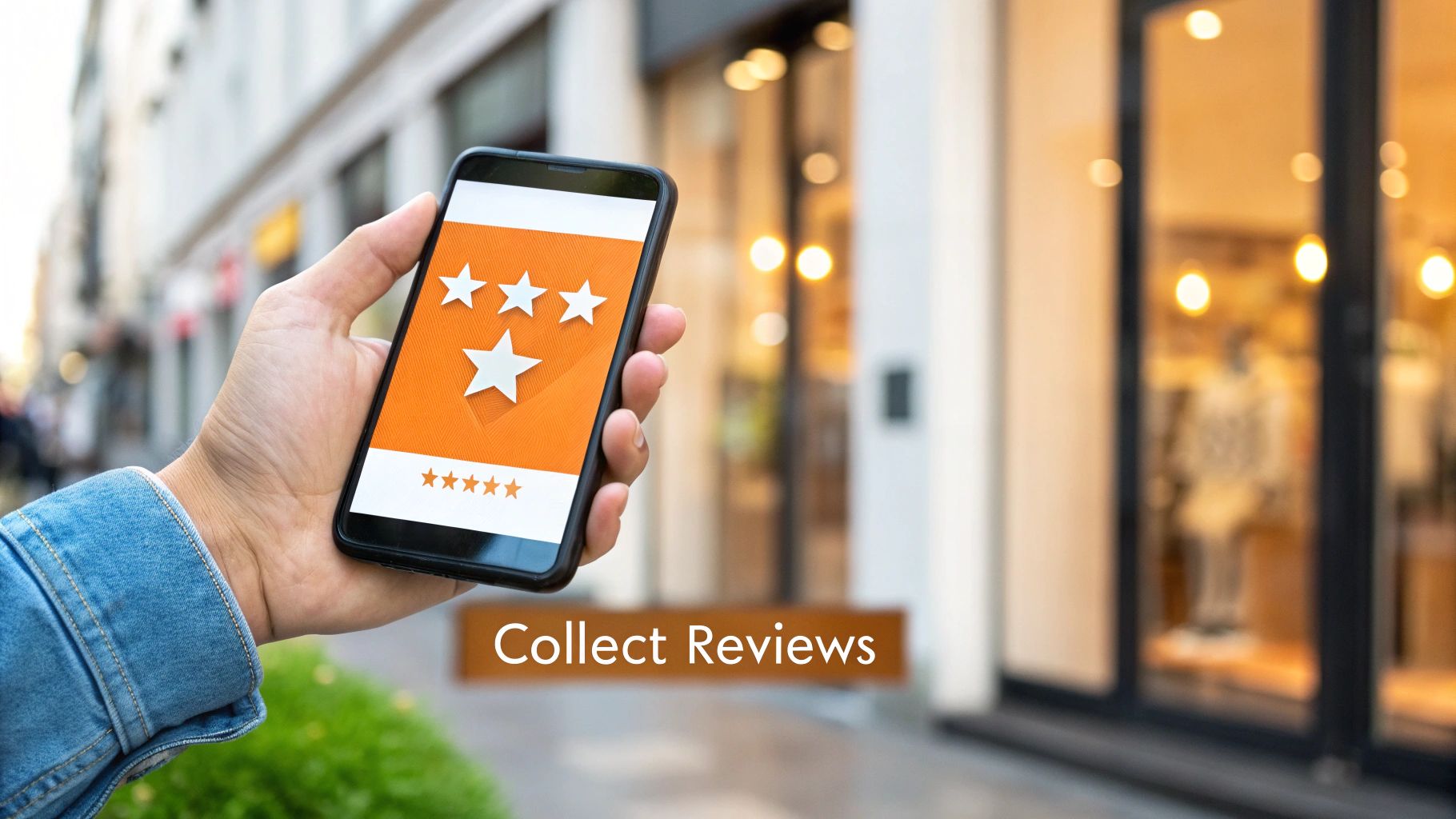 Hand holding a smartphone displaying a star rating review app with 'Collect Reviews' text overlay, on a street.