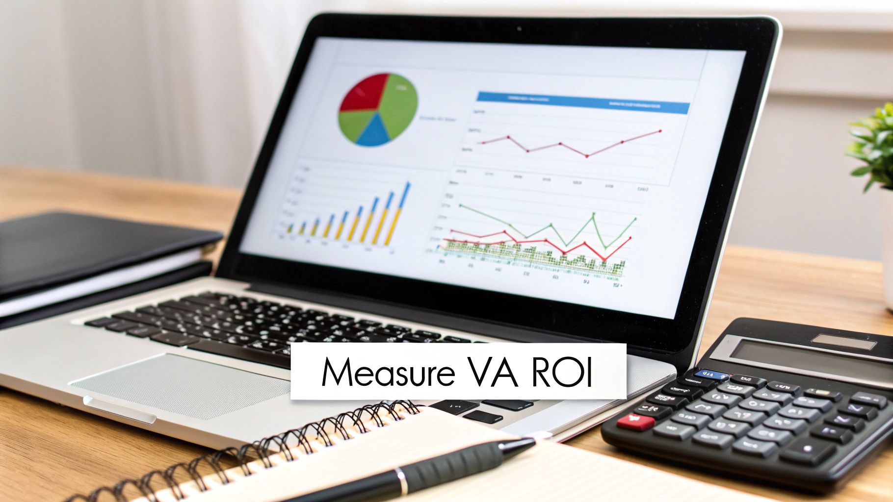 Laptop displaying financial charts, a calculator, notebook, and pen on a desk, with 'Measure VA ROI' text.
