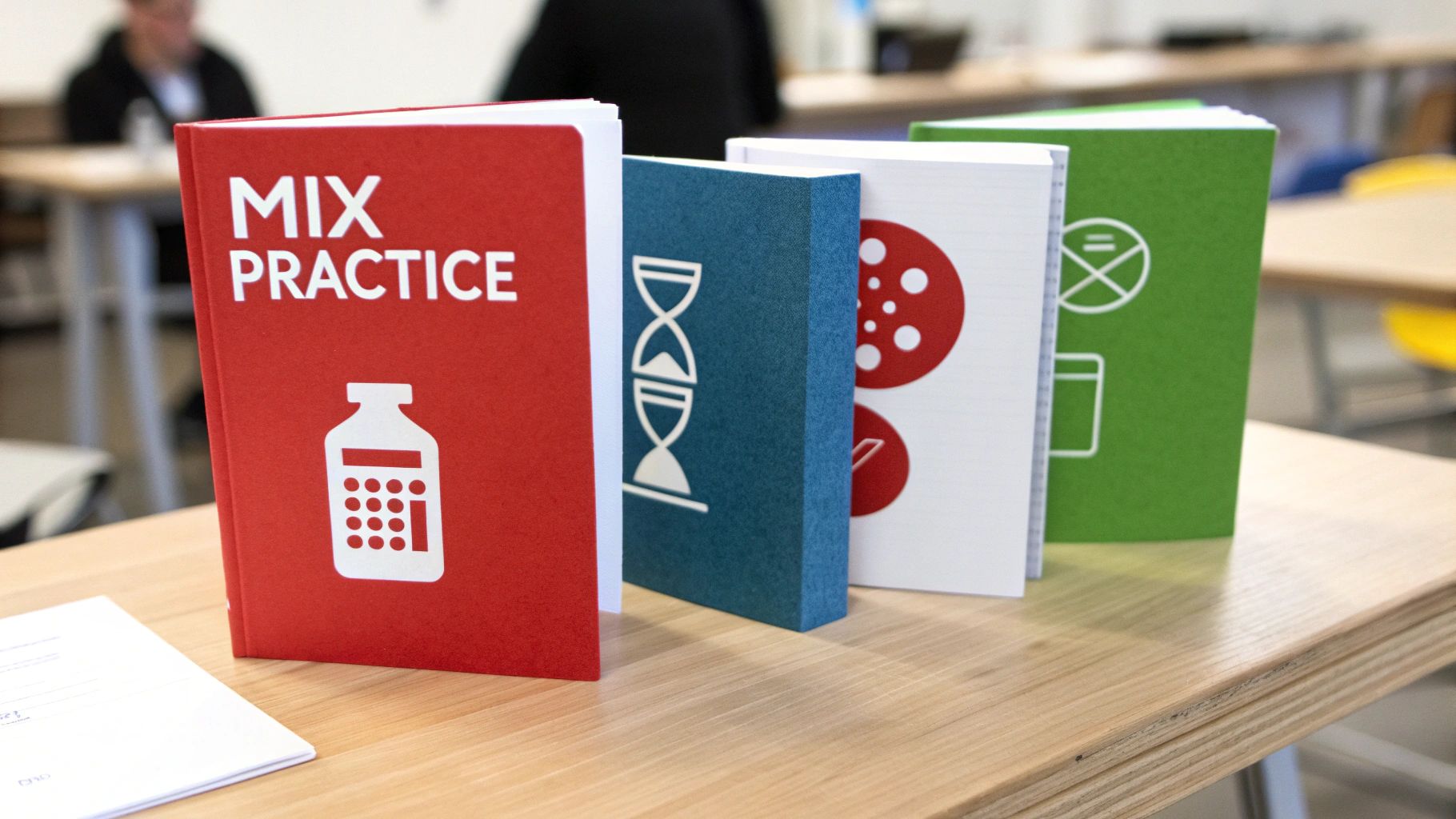 Four colorful science practice workbooks displayed on wooden desk in classroom setting