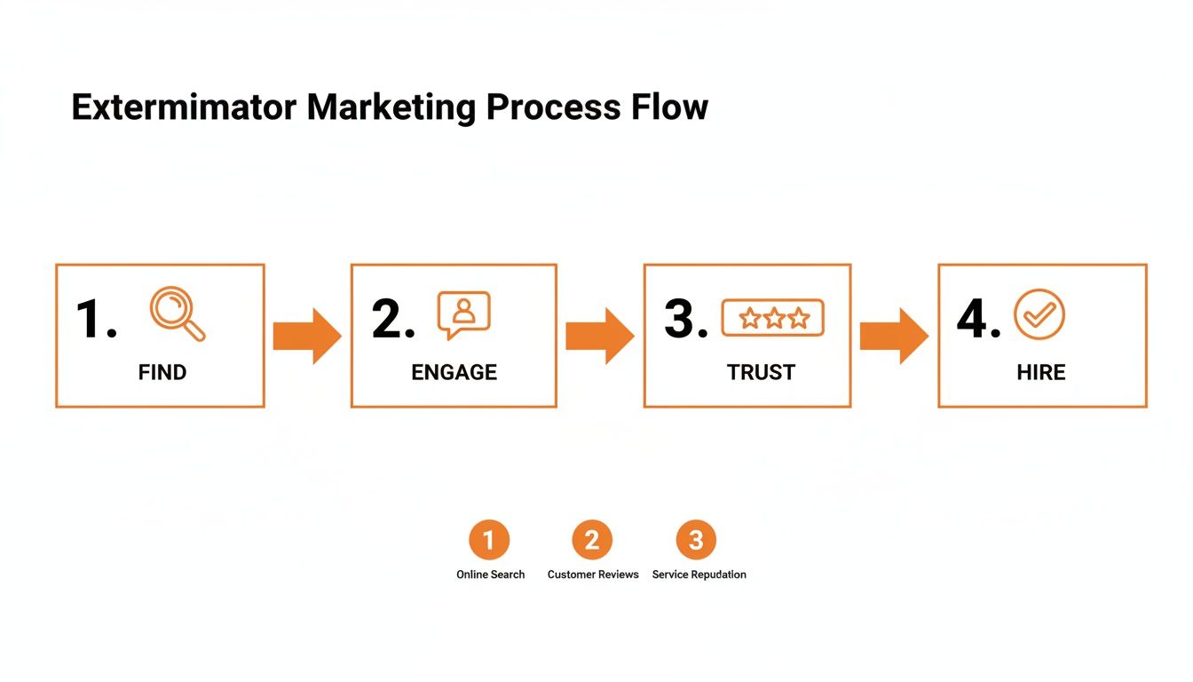Exterminator marketing process flow showing steps: Find, Engage, Trust, Hire, with underlying strategies.