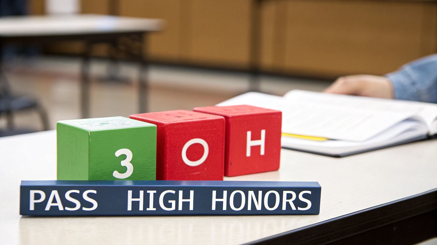 Close-up of blocks spelling '3 OH' and a 'PASS HIGH HONORS' plaque on a table.