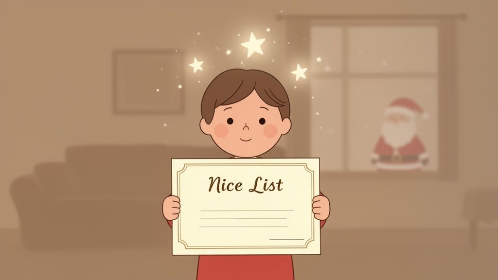A happy cartoon boy holds a "Nice List" certificate, with sparkling stars and Santa in the background.
