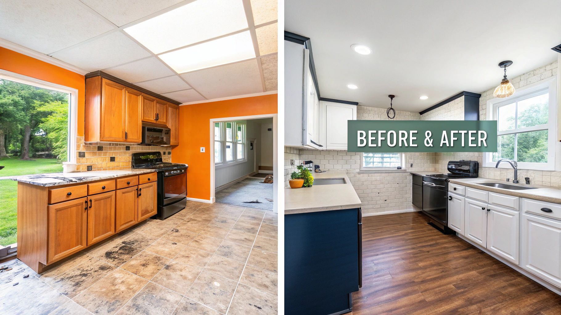 A before and after view of a kitchen renovation with updated cabinets, flooring, and modern lighting.