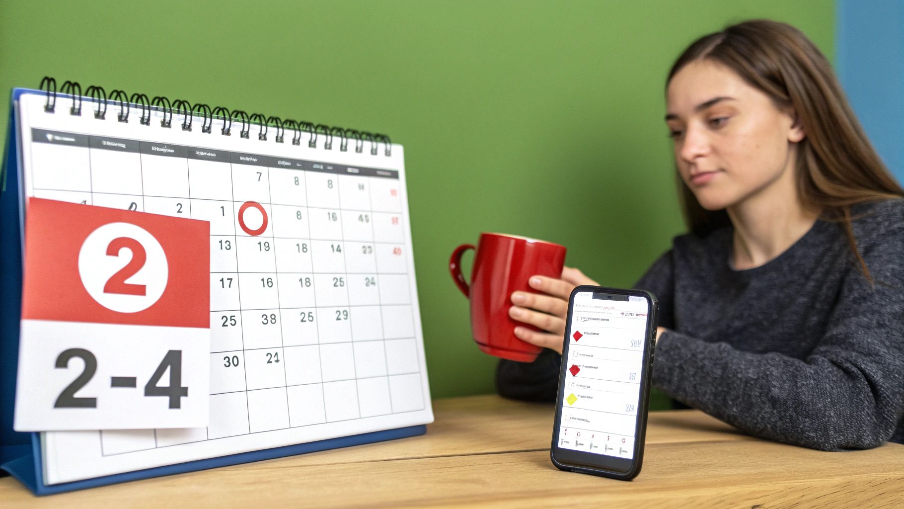Young woman checking her phone, next to a desk calendar showing dates and a red "2".