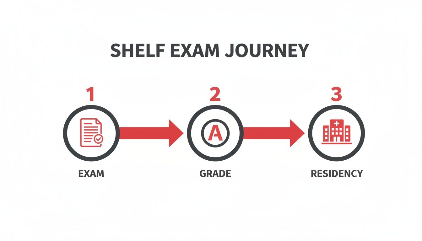 A flowchart illustrating the Shelf Exam Journey, from taking the exam to receiving grades and entering residency.