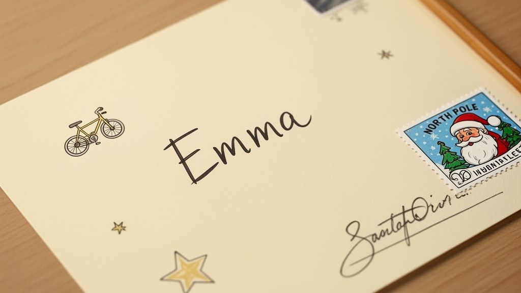A personalized Christmas letter envelope addressed to Emma, with a Santa Claus stamp and bicycle drawing.