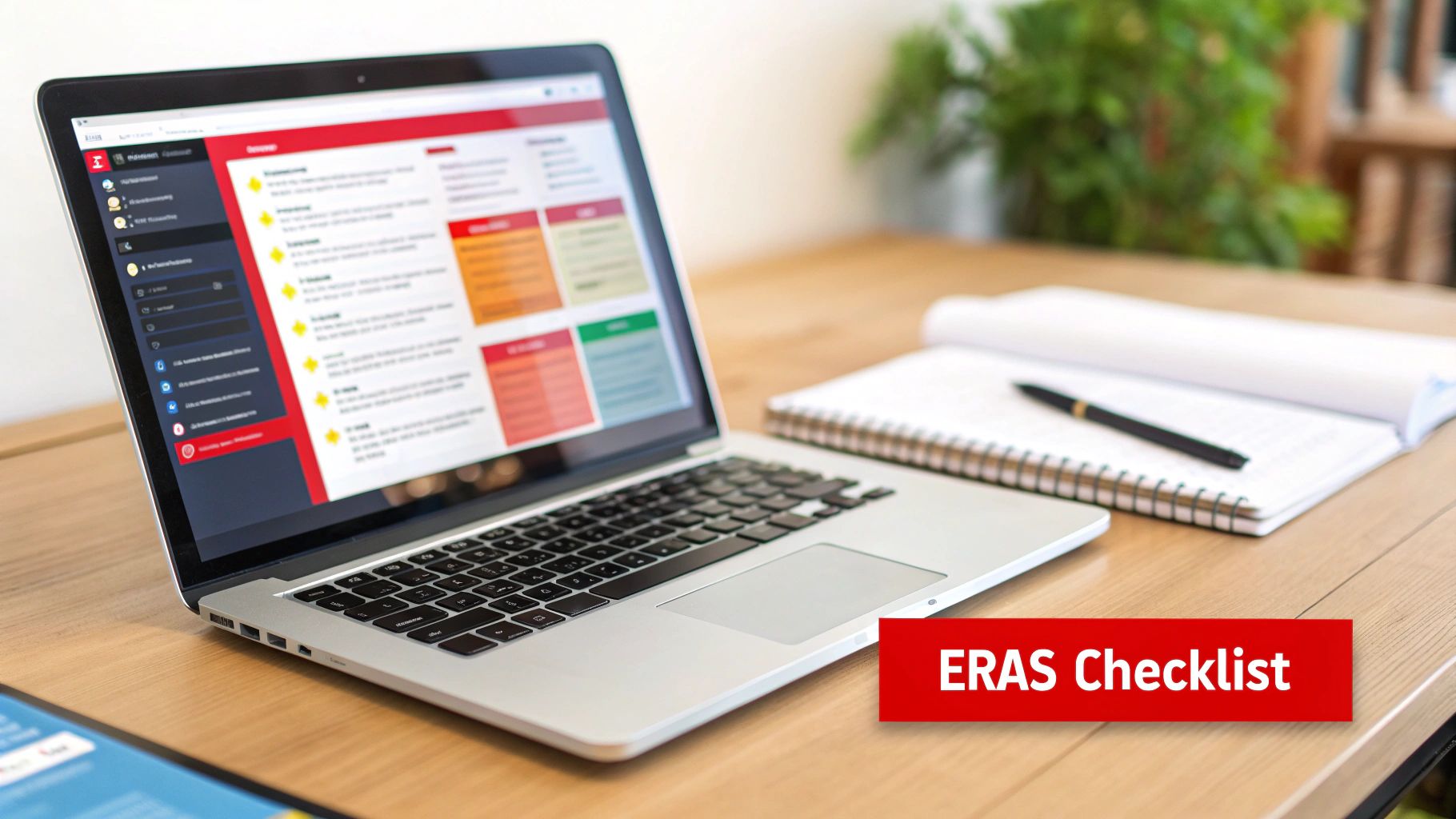 A laptop on a wooden desk displaying an ERAS checklist, next to a notebook and pen.